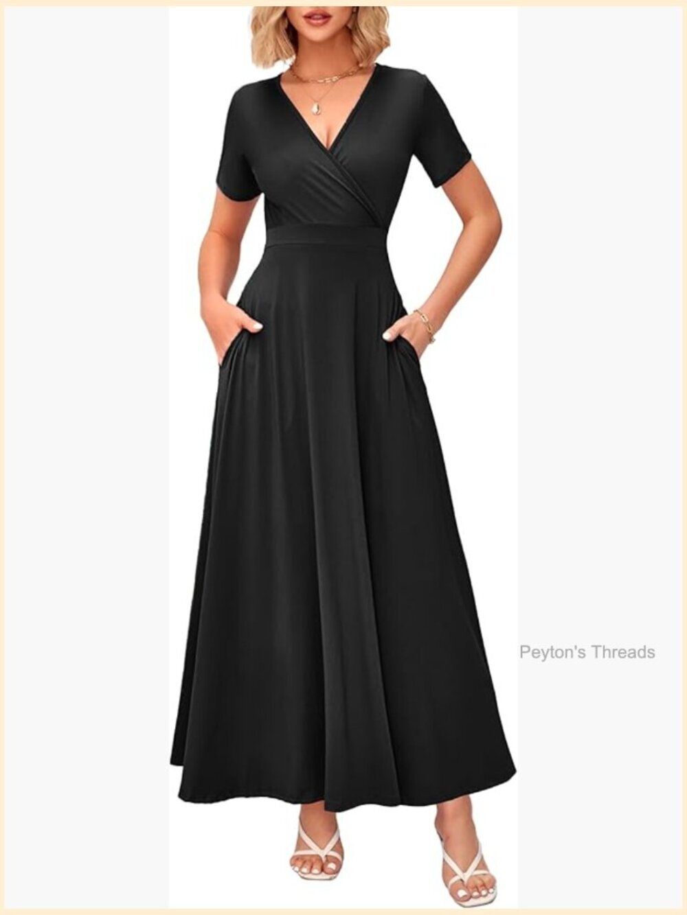 Women's Wrap V Neck Maxi Dress with Pockets Short Sleeve